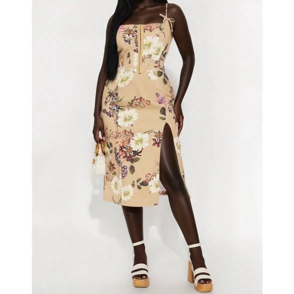Floral Twill Midi Dress - Taupe